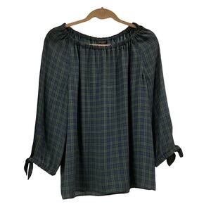 Talbots Top Blouse Petite Size LP Navy Blue Green Plaid Off Shoulder Tie Sleeve